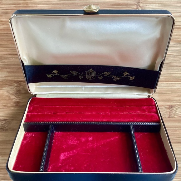 Vintage Black Gold Leather Red Velvet Men's Jewel Box Valet Station Travel Case - Picture 8 of 13